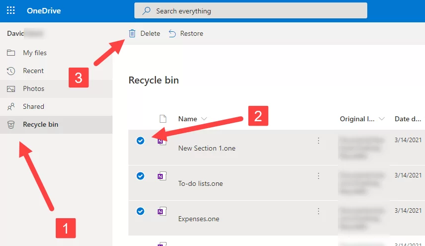 Papelera de reciclaje de OneDrive