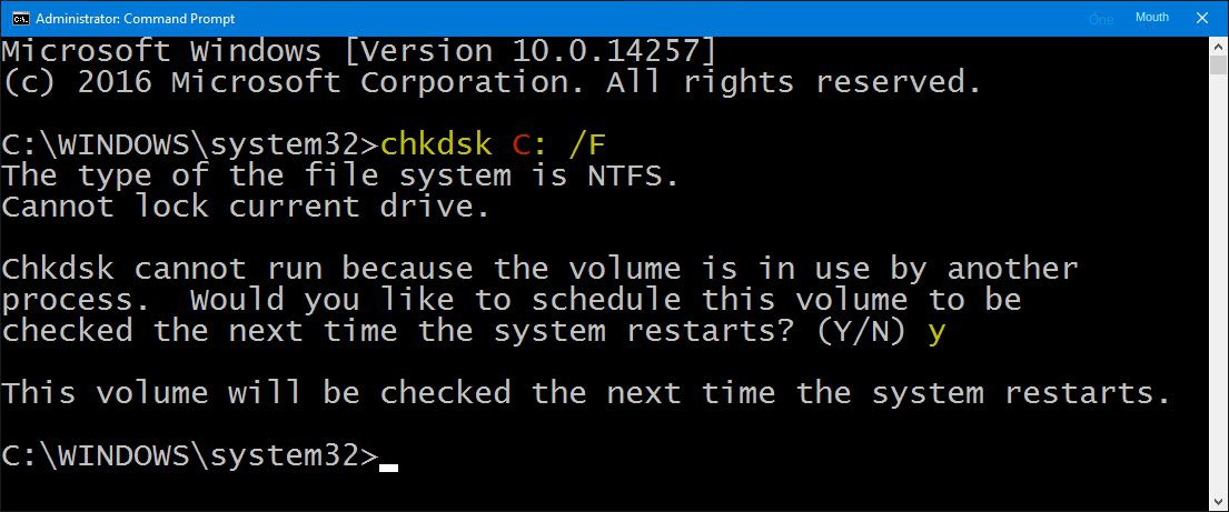 Introduzca la línea de comandos chkdsk