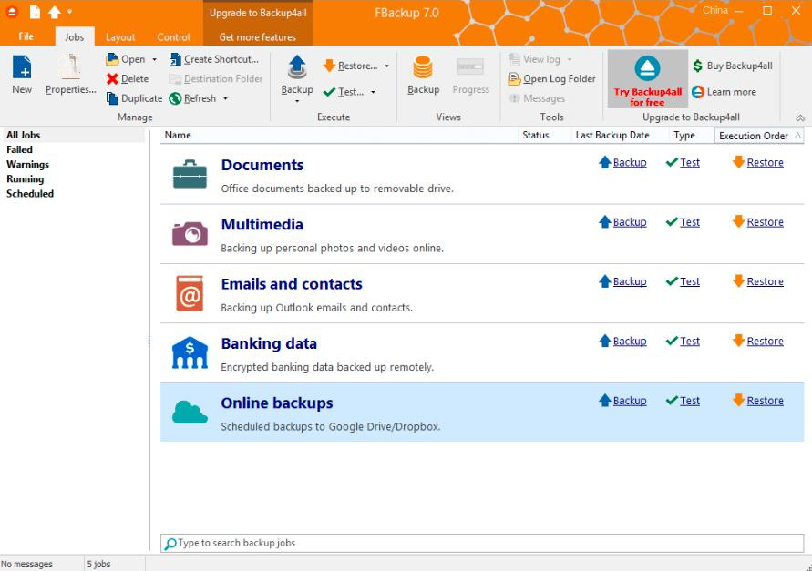 Interfaz de funcionamiento del software FBackup