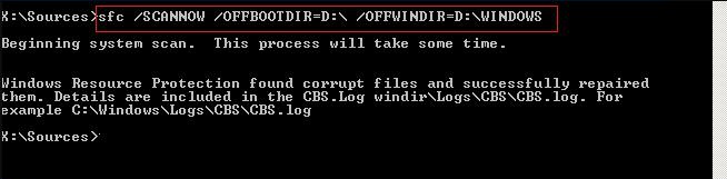 Ejecute sfc /scannow /offbootdir=D: /offwindir=D:windows