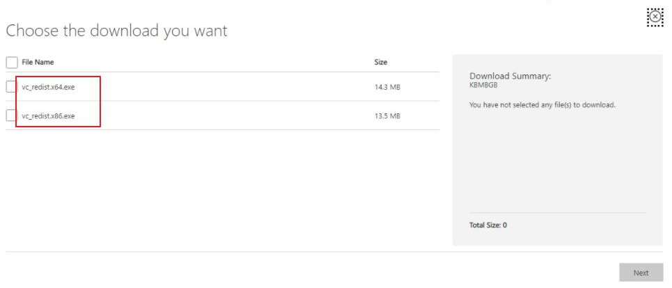 Seleccione vc redist.x64.exe o vc redist.x86.exe