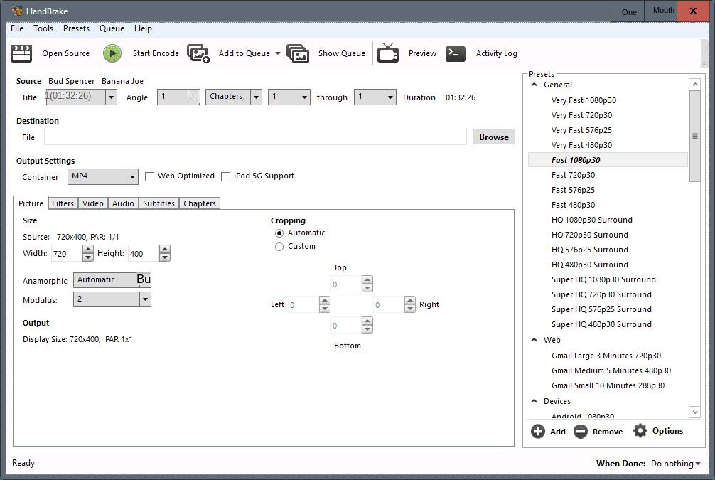 Interfaz de funcionamiento del software HandBrake