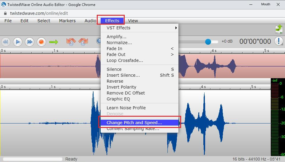 Abra la interfaz de ajuste de velocidad en la ventana de edición de audio de TwistedWave Online