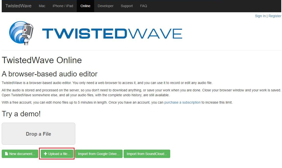 Cargar archivos en TwistedWave Online