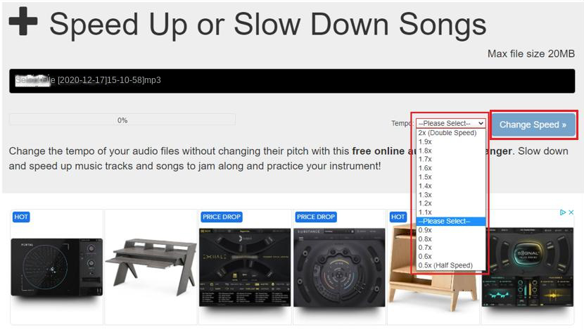 Selecciona la velocidad de audio en la herramienta de edición de audio en línea AudioTrimmer