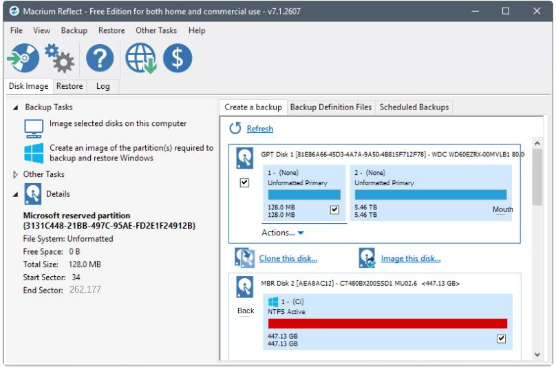 Interfaz de funcionamiento del software Macrium Reflect