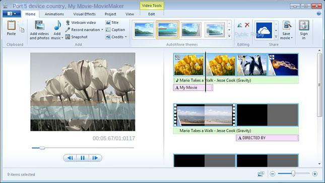 Interfaz de operación del software Windows Movie Maker