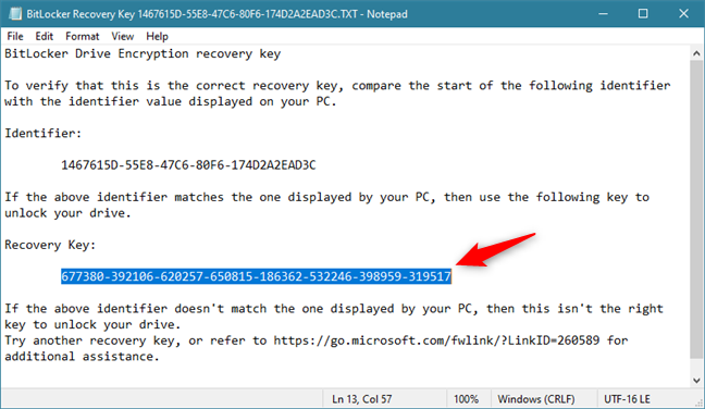 Clave de recuperación de BitLocker en un archivo txt en una unidad USB