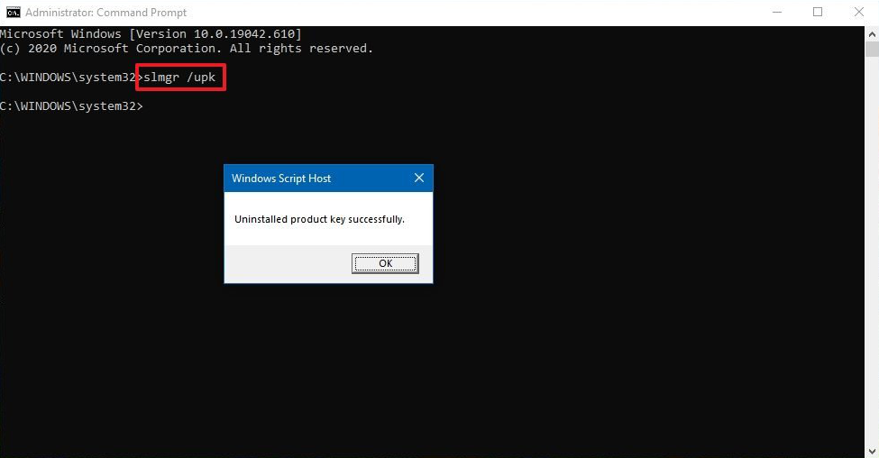 comando para desinstalar la clave de producto de Windows