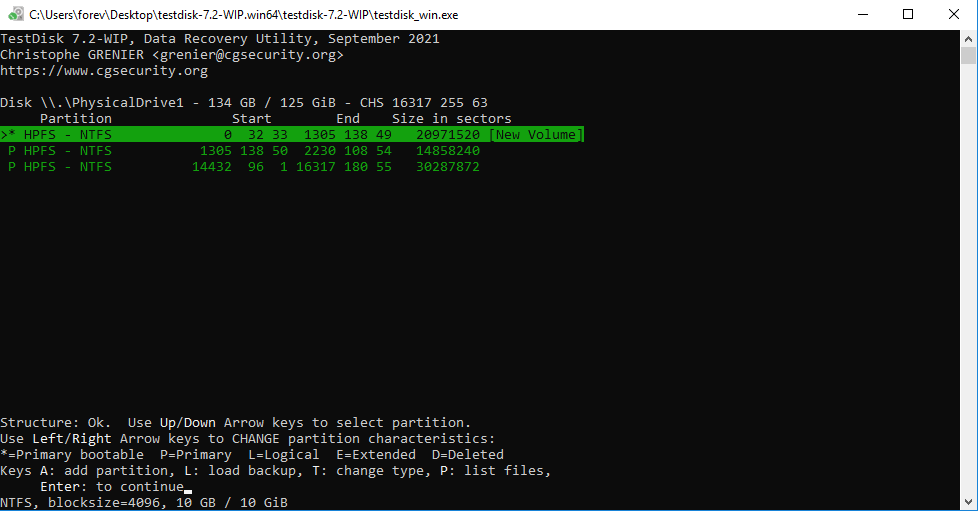 Resultado de la recuperación de la partición de TestDisk