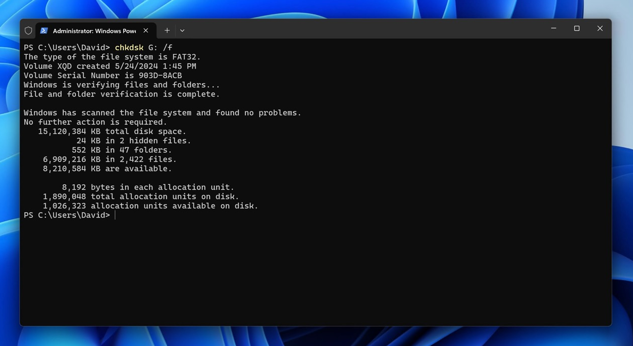 windows terminal chkdsk xqd