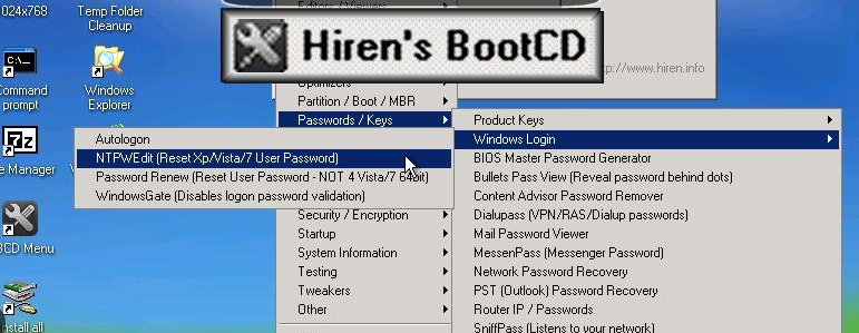 Herramienta de renovación de contraseña en el CD de arranque de Hiren