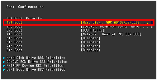 cambiar el orden de arranque en el disco duro en la configuración de arranque en la BIOS