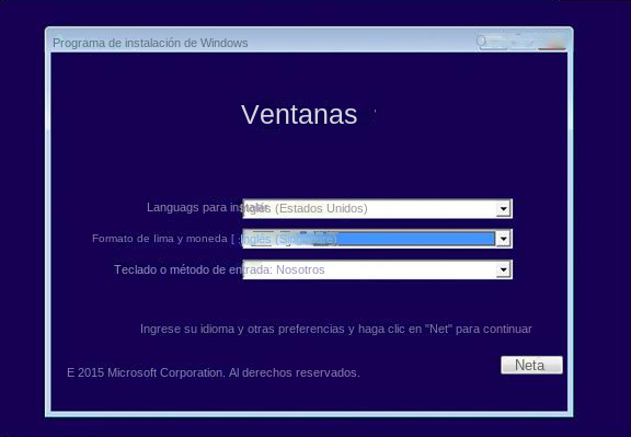 Pantalla de configuración de Windows