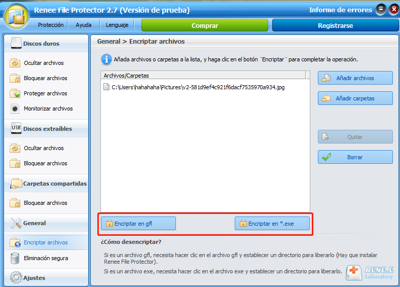 utilice renee file protector para cifrar a gfl o exe archivo zip protegido por contraseña