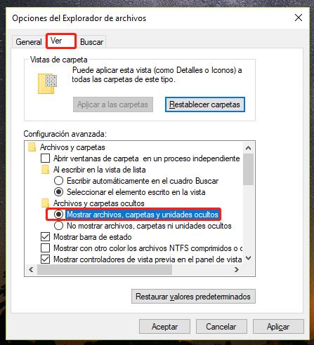 mostrar archivos y carpetas ocultos