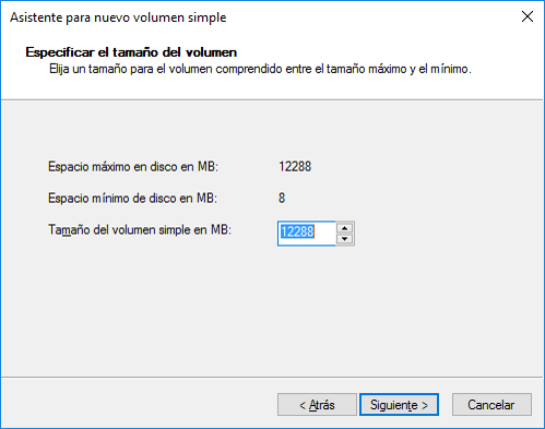 establecer el tamaño del volumen en el asistente de nuevo volumen simple
