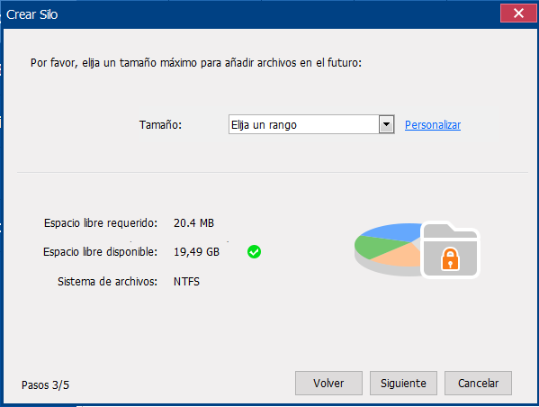 seleccione un rango de tamaño para el disco virtual en renee secure silo