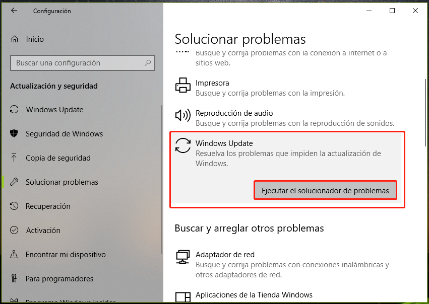 ejecute el solucionador de problemas en windows update