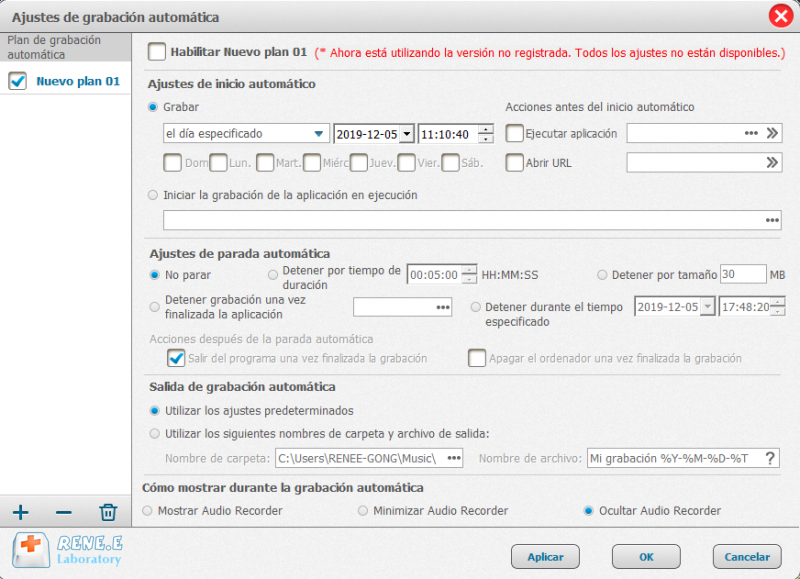 establecer plan de grabación automática en Renee Screen Recorder