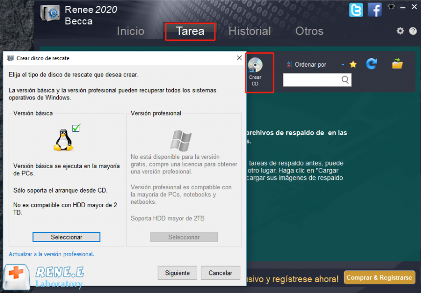 seleccione el tipo de disco de rescate
