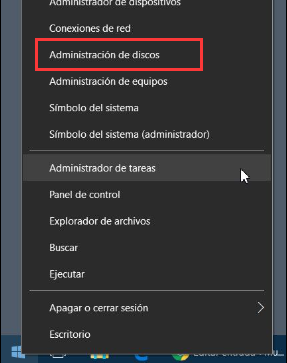 windows gestión de discos botón derecho inicio