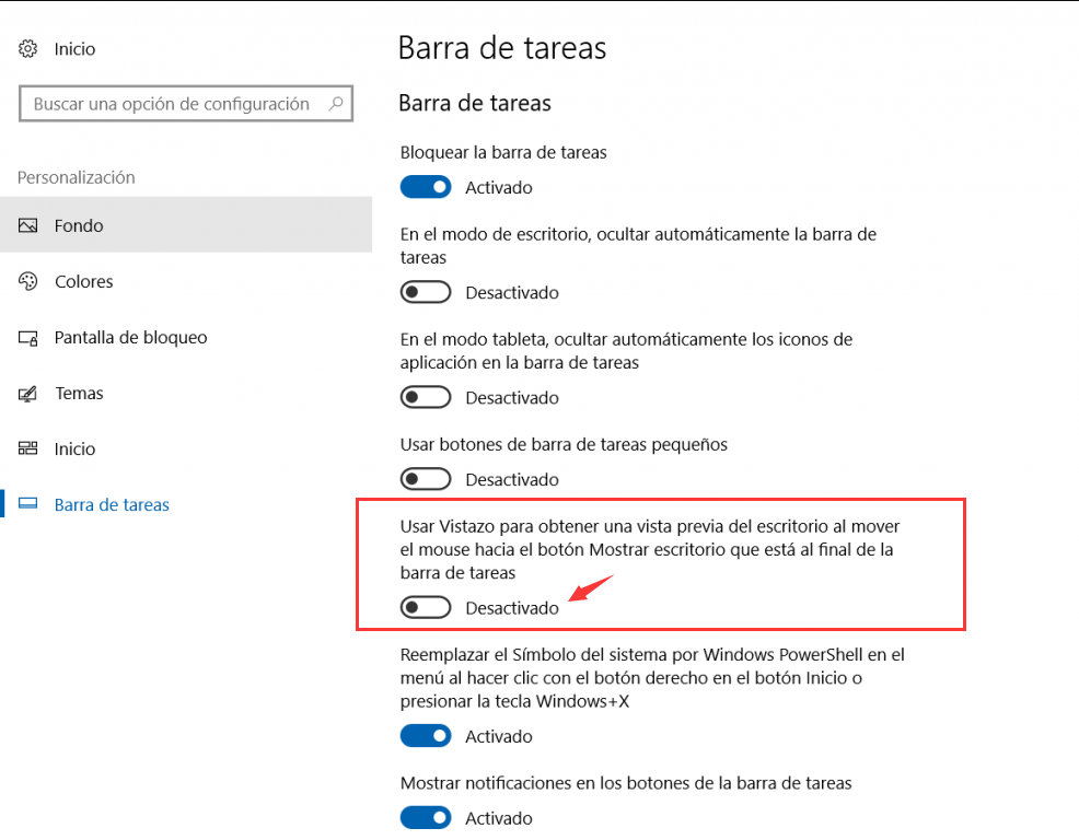 configuración de la barra de tareas