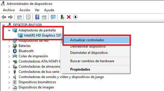 Adaptadores de pantalla - Actualizar controladores