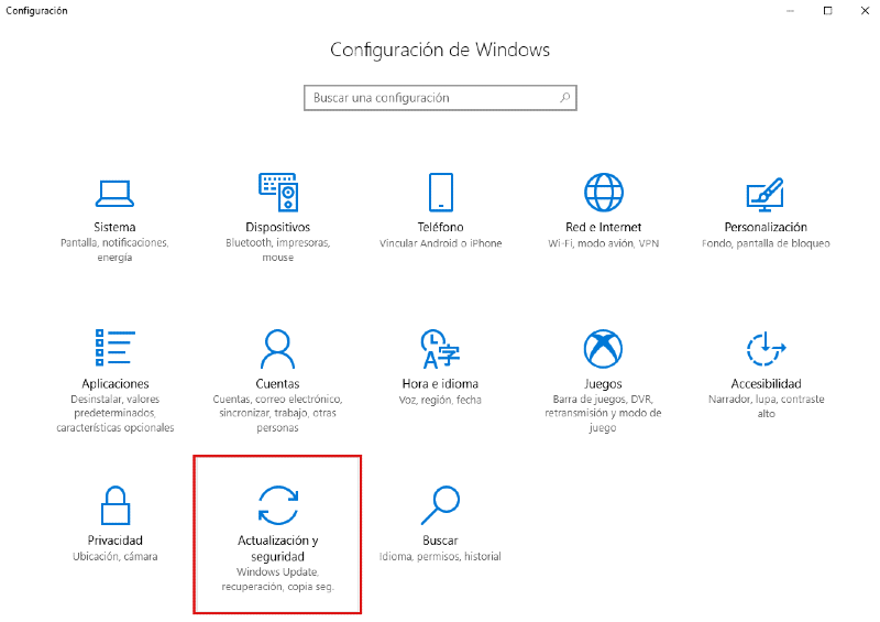 configuración Actualización y seguridad