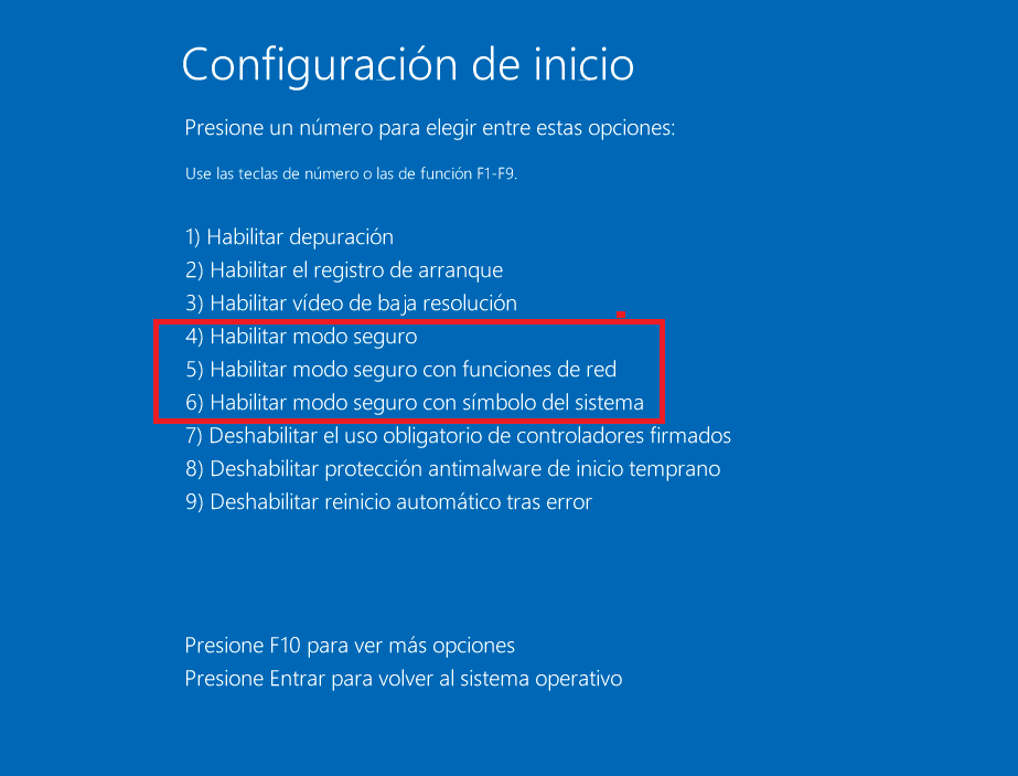 configuración de inicio windows 10 modo seguro