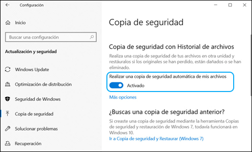 Activar la copia de seguridad mediante el historial de archivos