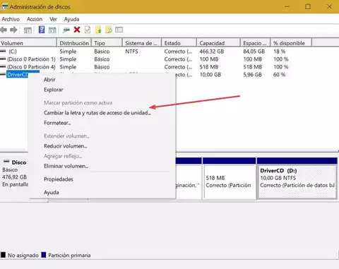 cambiar letra de unidad en gestión de discos