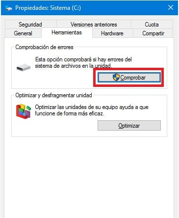 propiedades de partición verificación de herramientas de Windows