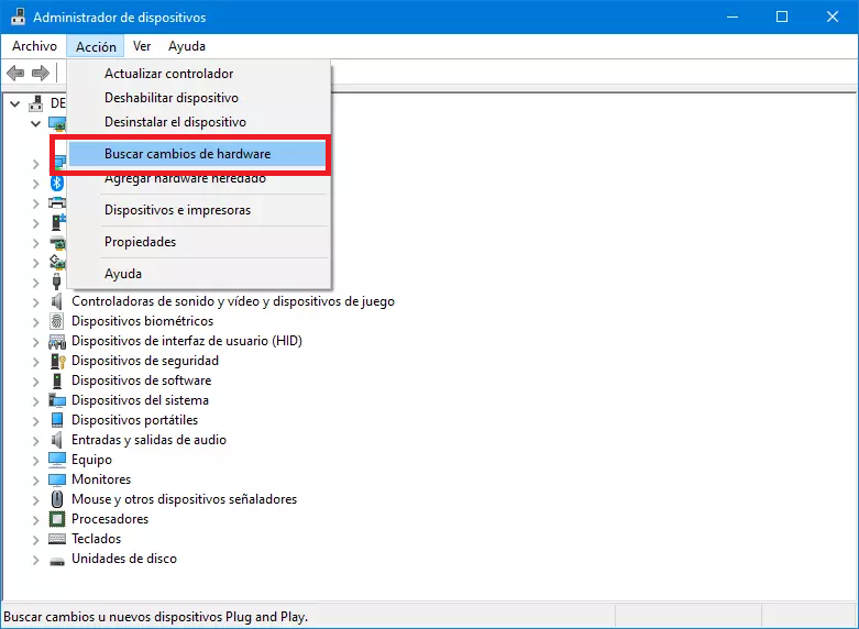 escanear el hardware en el administrador de dispositivos