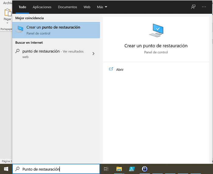 búsqueda para crear un punto de restauración en windows