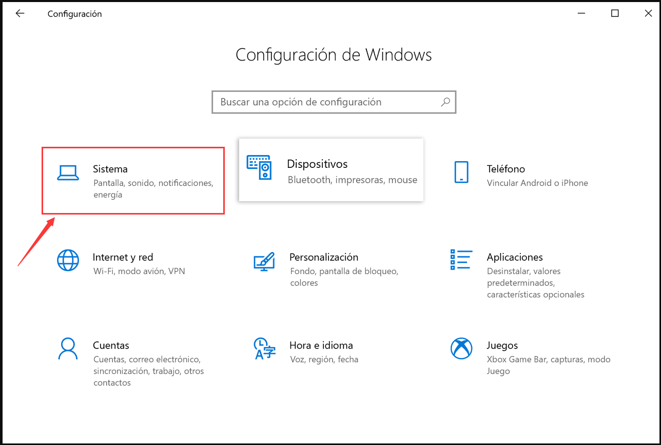 haga clic en Sistema en Configuración de Windows