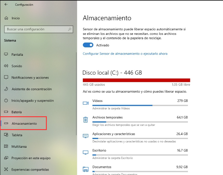 Almacenamiento en Windows