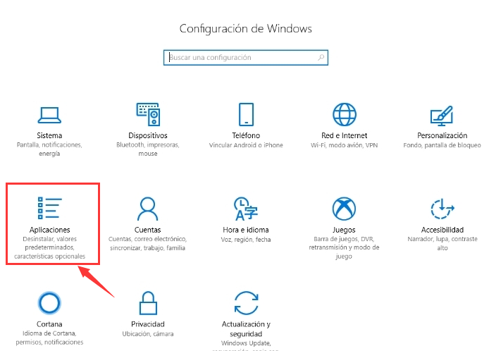 aplicaciones en la configuración de windows