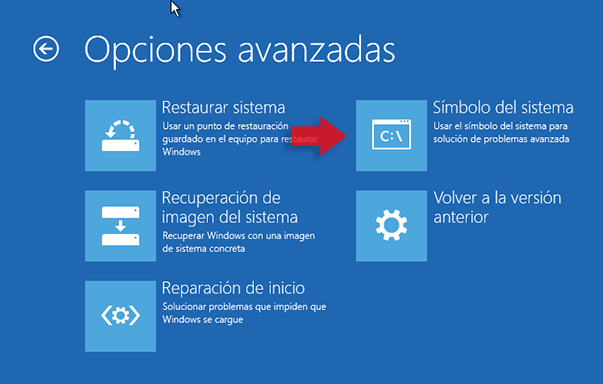 Símbolo del sistema de opciones avanzadas de Windows RE