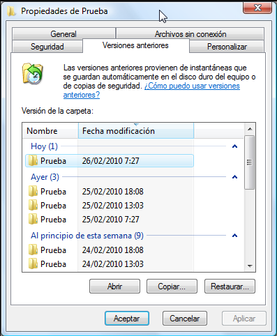 archivo de versiones anteriores para el historial de archivos