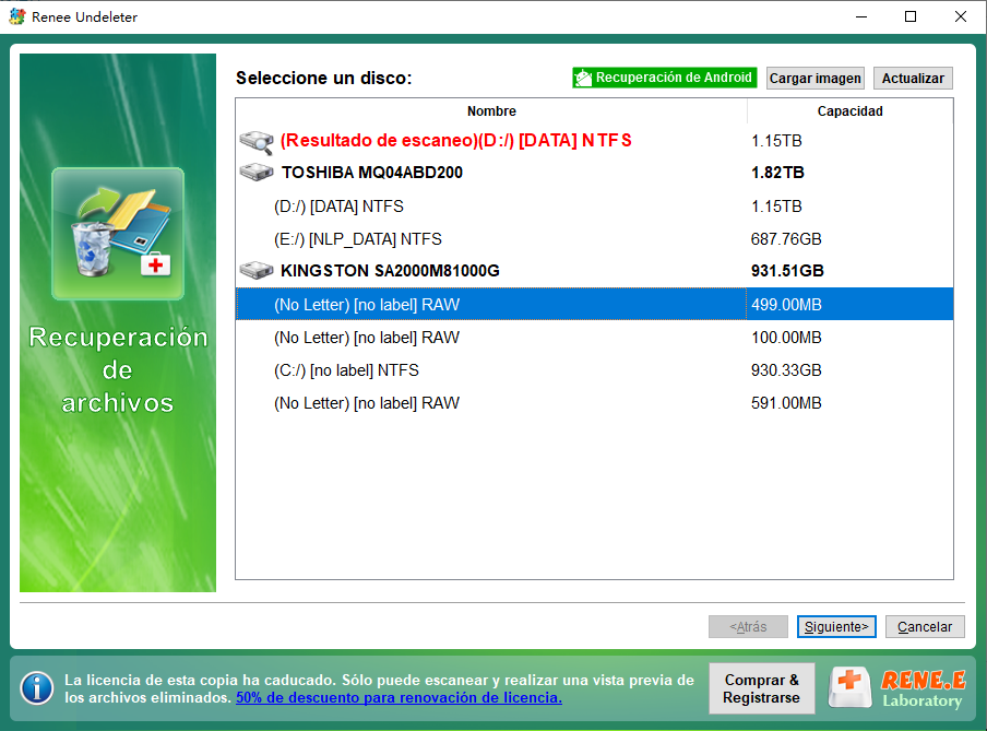 seleccione la partición a escanear para un escaneo Recuperación de archivos