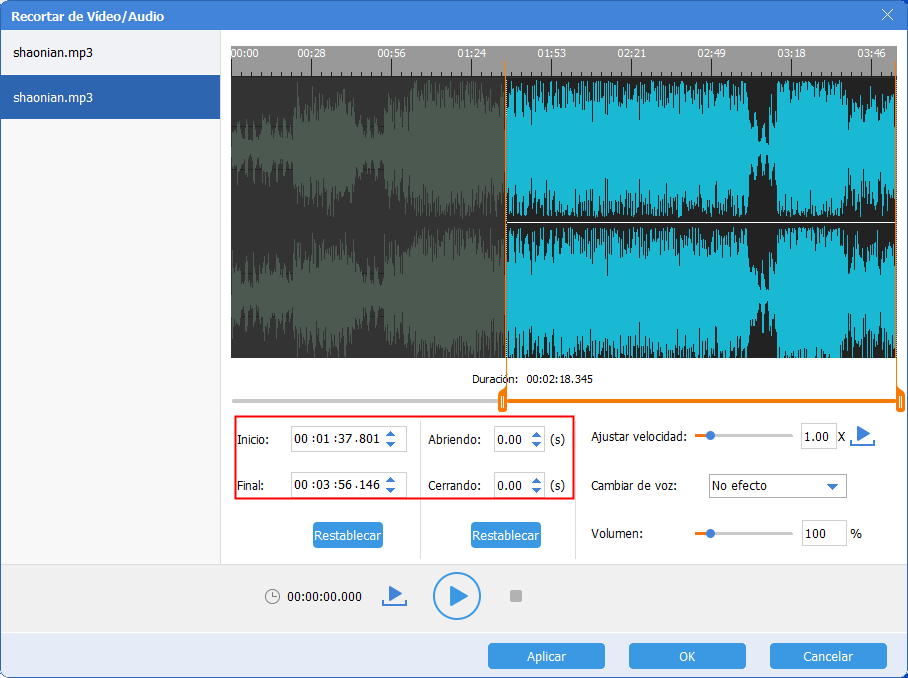 recortar o cortar una parte de una canción en renee audio tools