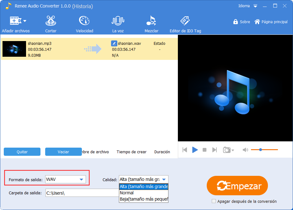 convertir mp3 a flac en renee audio tools