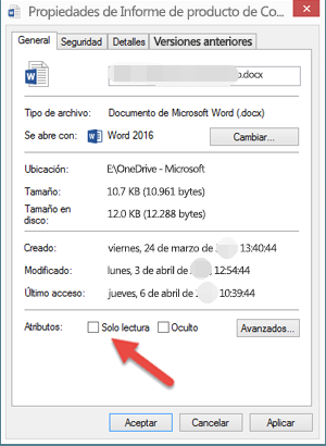 propiedades del archivo solo lectura