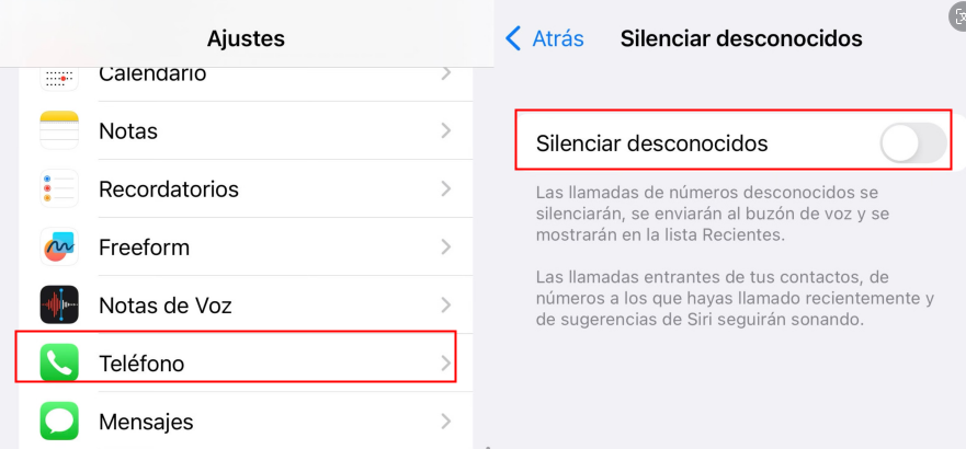 activar para bloquear las llamadas desconocidas