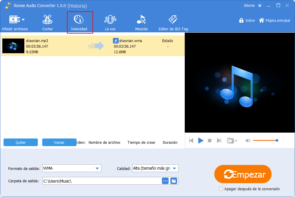 seleccionar para ajustar la velocidad de archivo m4a en renee audio tools