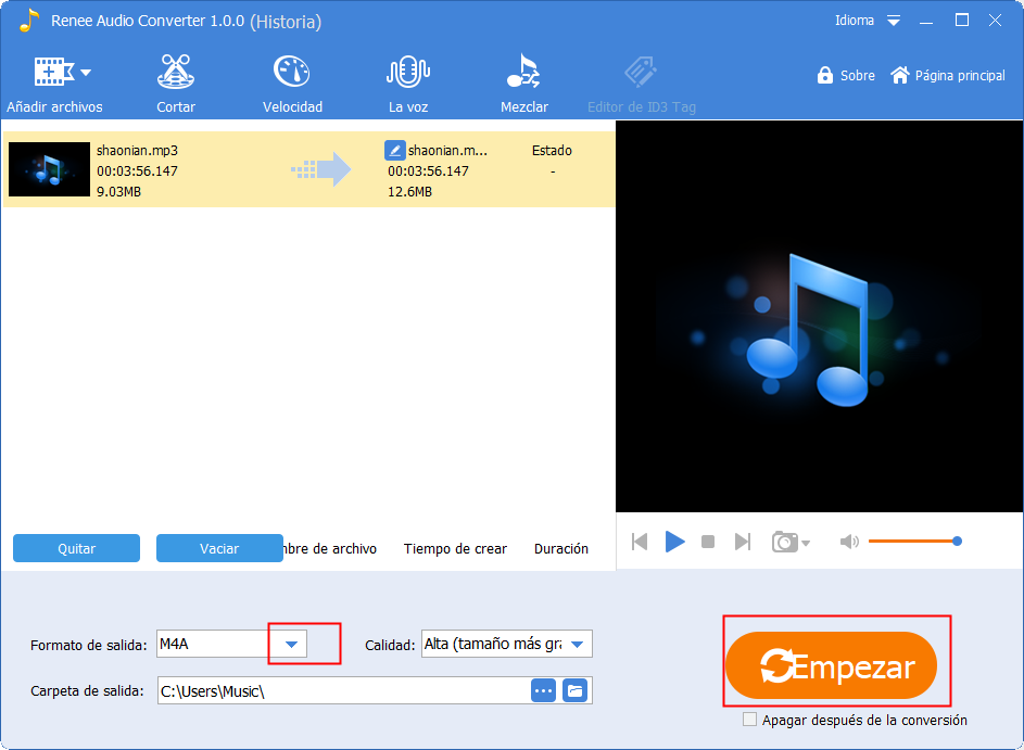 salida de archivo m4a con renee audio tools