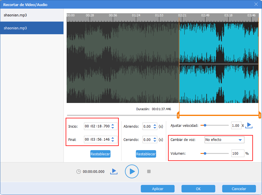 cambiar la voz de audio o ajustar el volumen para cortar en renee audio tools