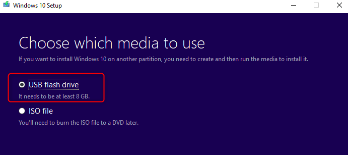 Unidad USB de medios de arranque en Windows 10