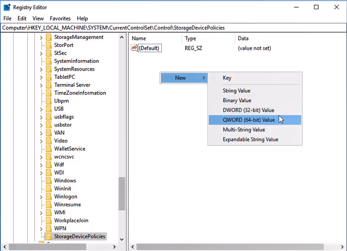 añadir dword en las políticas de dispositivos de almacenamiento